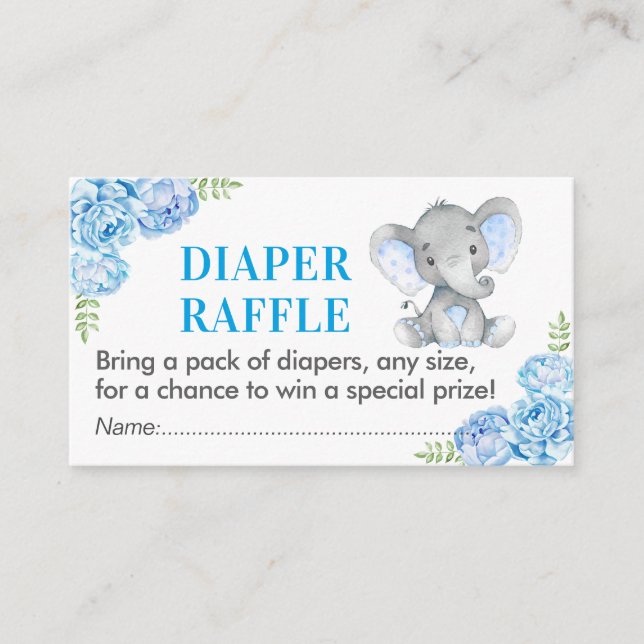 Elephant Diaper Raffle Ticket Blue Baby Shower Boy Enclosure Card (Front)