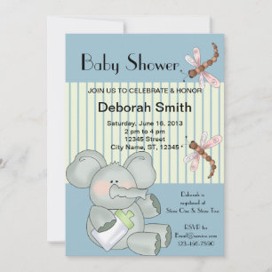 Elephant Dragonfly Blue Stripe Baby Shower Invitation