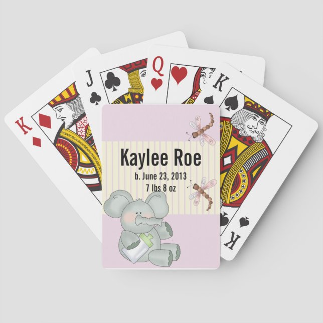 Elephant Dragonfly Pink Stripe Baby Playing Cards (Back)