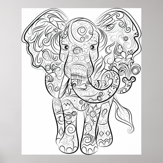 Elephant drawing adult coloring poster (Front)