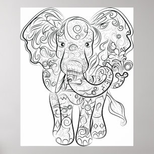 Elephant drawing adult colouring poster