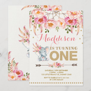 Elephant Dreamcatcher Invitation Pink Gold Floral