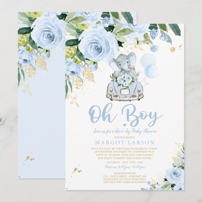Elephant Drive By Baby Shower Invitation Blue Rose (Front/Back)