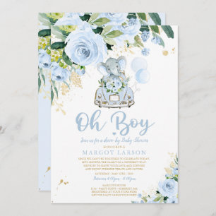 Elephant Drive By Baby Shower Invitation Blue Rose