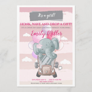 Elephant drive by baby shower invitation girl
