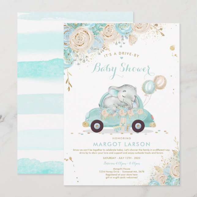 Elephant Drive By Baby Shower Invitation Mint (Front/Back)