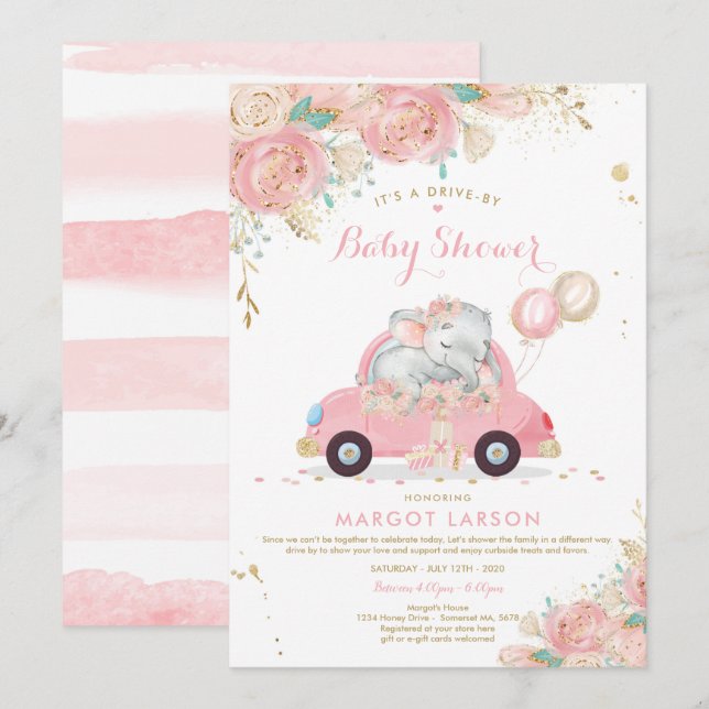 Elephant Drive By Baby Shower Invitation Pink (Front/Back)