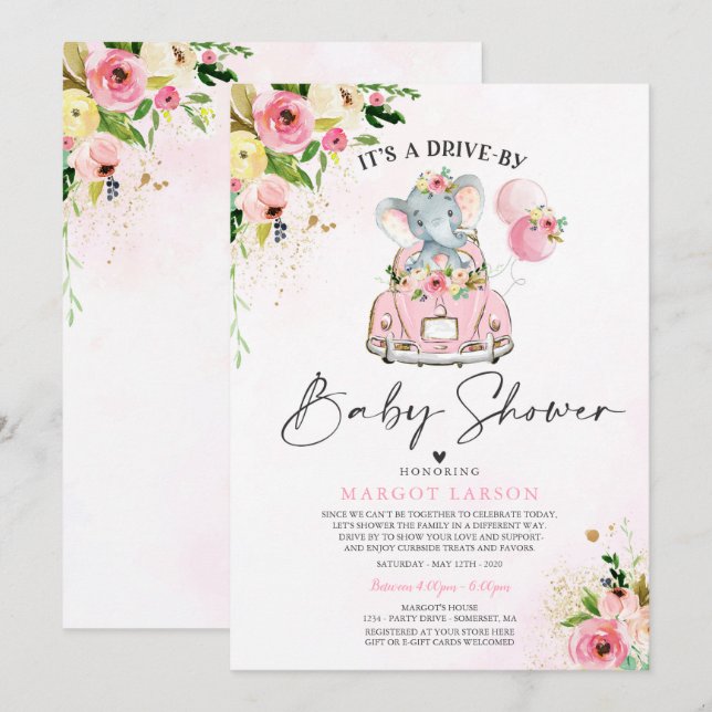 Elephant Drive By Baby Shower Invitation Pink (Front/Back)