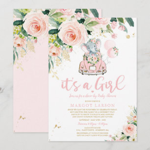Elephant Drive By Baby Shower Invitation Pink Rose