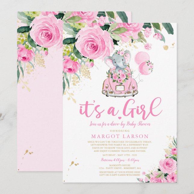 Elephant Drive By Baby Shower Invitation Pink Rose (Front/Back)