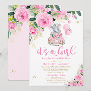 Elephant Drive By Baby Shower Invitation Pink Rose