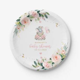 Elephant Drive By Baby Shower Pink Rose Paper Plate