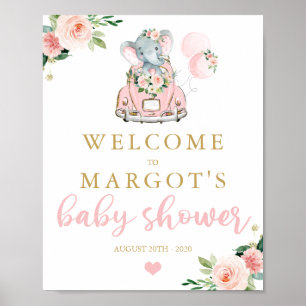 Elephant Drive By Baby Shower Pink Roses Welcome Poster