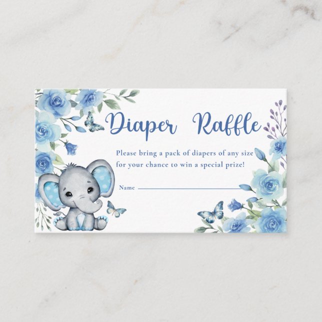 Elephant Dusty Blue Rose Baby Shower Diaper Raffle Enclosure Card (Front)
