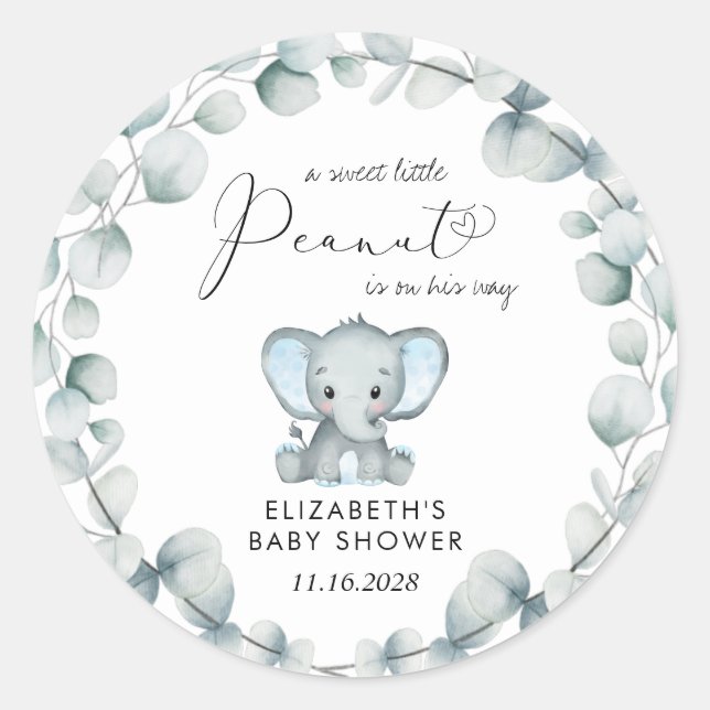Elephant Eucalyptus Baby Boy Shower Classic Round Sticker (Front)