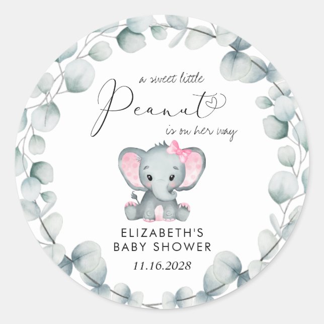 Elephant Eucalyptus Baby Girl Shower Classic Round Sticker (Front)