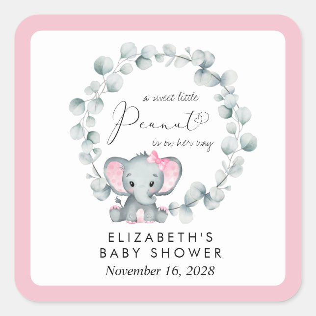 Elephant Eucalyptus Baby Girl Shower Square Sticker (Front)