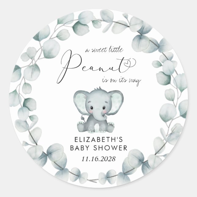 Elephant Eucalyptus Baby Shower Classic Round Sticker (Front)