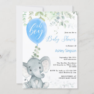 Elephant eucalyptus balloon Oh boy baby shower Invitation