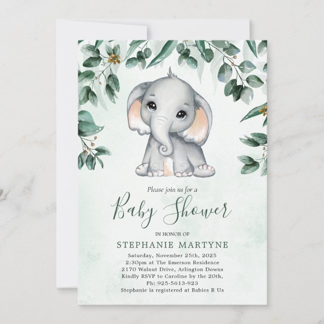 Elephant Eucalyptus Foliage Watercolor Baby Shower Invitation (Front)