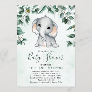 Elephant Eucalyptus Foliage Watercolor Baby Shower Invitation