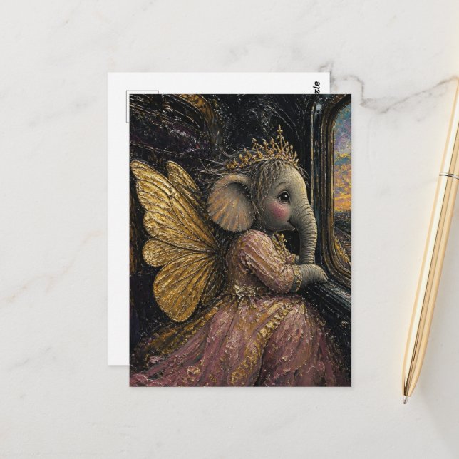 Elephant Fairy Looking Out the Train Window Postcard (Front/Back In Situ)