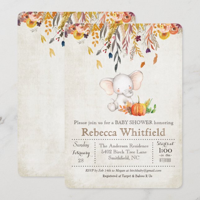 Elephant Fall Pumpkin Baby Shower Invitation (Front/Back)