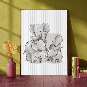 Elephant Family Blue Stripes Nursery Poster