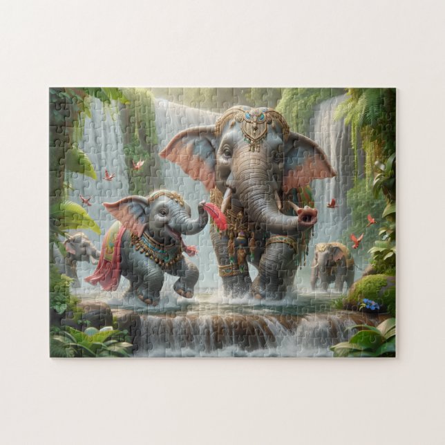Elephant Family Jungle Waterfall Happy Time Jigsaw Puzzle (Horizontal)