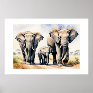 Elephant Family Watercolor Wildlife Art Poster