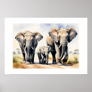 Elephant Family Watercolor Wildlife Art Poster