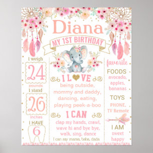 Elephant first birthday milestone sign for a girl