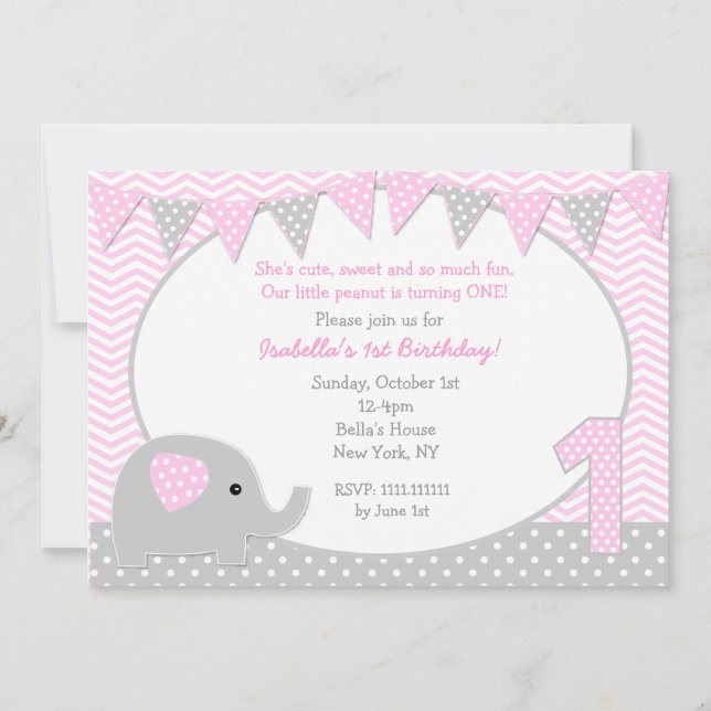 Elephant First Birthday Party Invitations (Front)