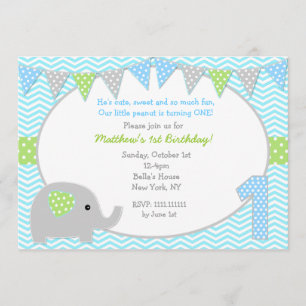 Elephant First Birthday Party Invitations