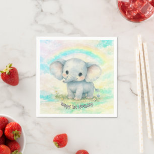 Elephant First Birthday Rainbow Neutral Pastel Boy Napkin