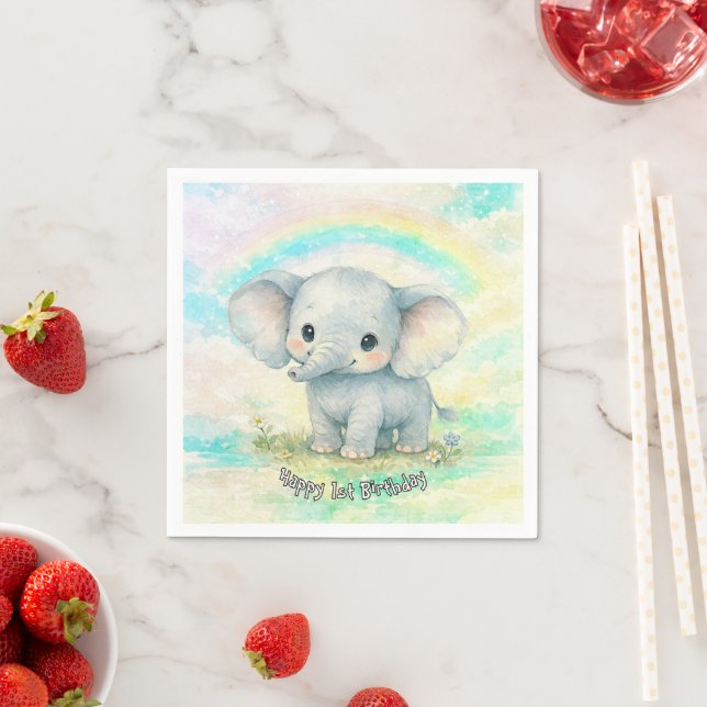 Elephant First Birthday Rainbow Neutral Pastel Boy Napkin (Insitu)