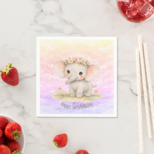 Elephant First Birthday Rainbow Pink Pastel Boy Napkin