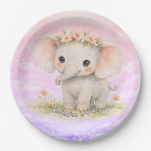 Elephant First Birthday Rainbow Pink Pastel Girl Paper Plate