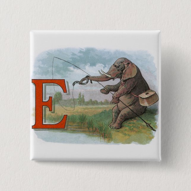 Elephant fisherman fishing Illustration 15 Cm Square Badge (Front)