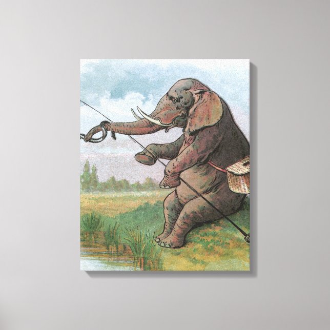 Elephant fisherman fishing Illustration Canvas Print (Front)