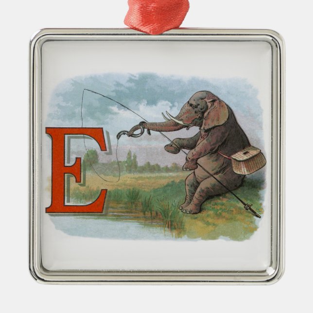 Elephant fisherman fishing Illustration Metal Tree Decoration (Front)
