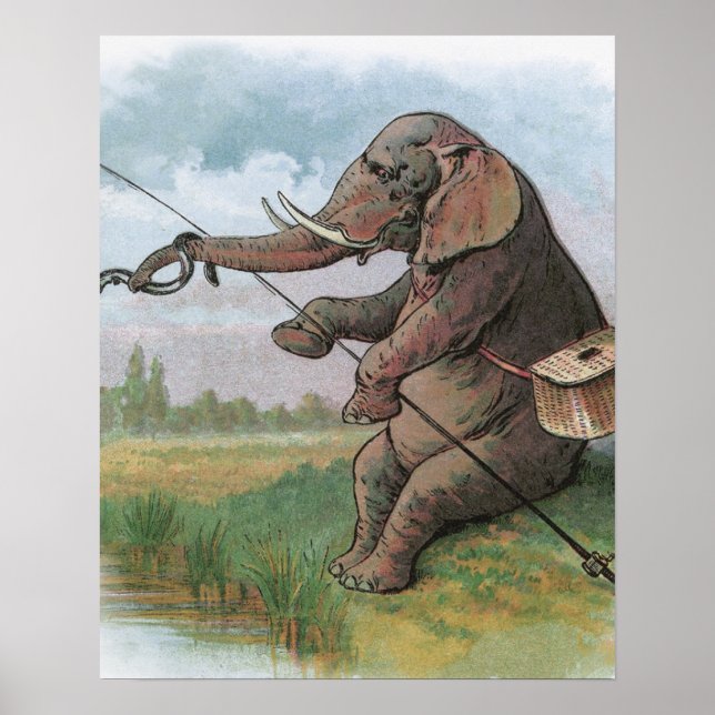 Elephant fisherman fishing Illustration Poster (Front)