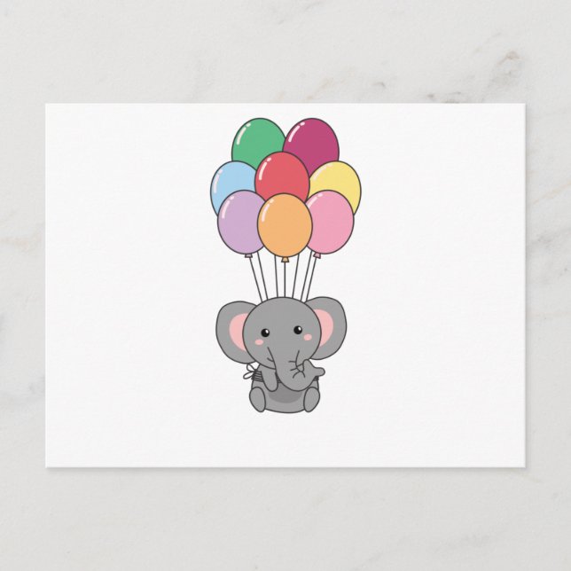 Elephant Flies Up With Colourful Balloons Postcard (Front)