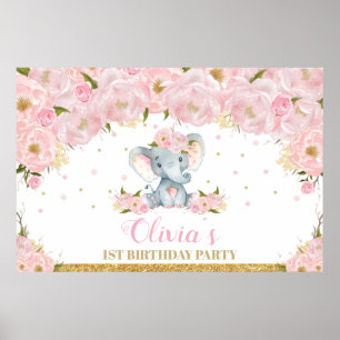 Elephant Floral 1st Birthday Party Backdrop Banner Poster
