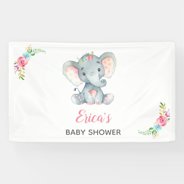 Elephant Floral Baby Shower Backdrop Banner (Girl) (Horizontal)