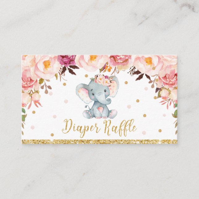 Elephant Floral Baby Shower Diaper Raffle Ticket Enclosure Card (Front)