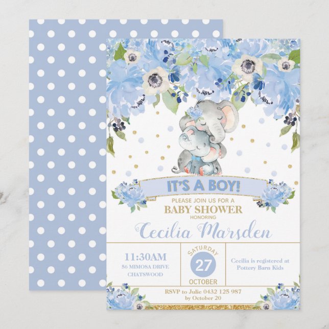Elephant Floral Baby Shower Invitation Boy (Front/Back)