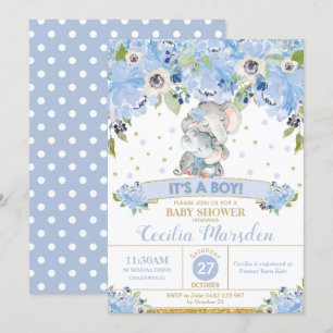 Elephant Floral Baby Shower Invitation Boy