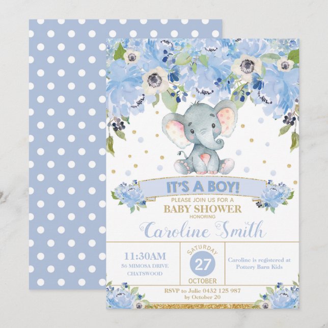 Elephant Floral Baby Shower Invitation Boy (Front/Back)