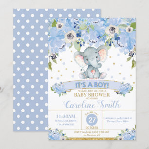 Elephant Floral Baby Shower Invitation Boy